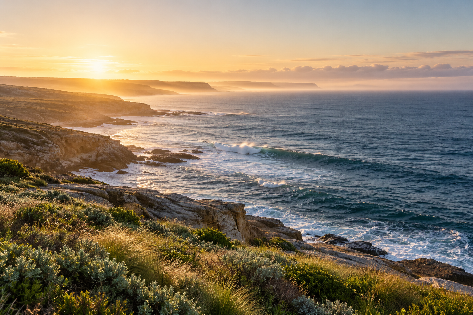 Illustrative coastal landscape in warm morning light